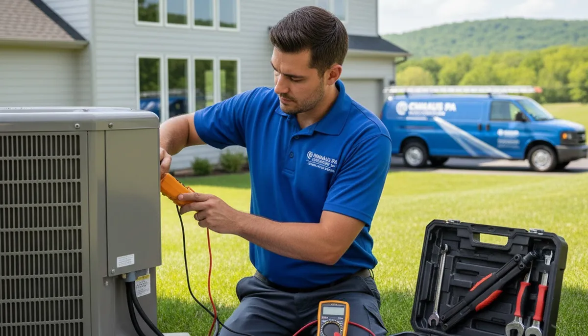 Professional AC repair technician servicing air conditioner in Allentown PA home