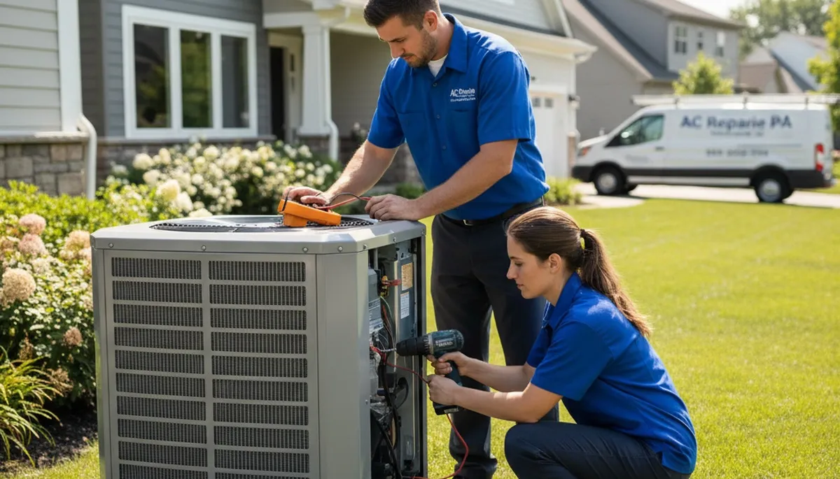 Professional AC repair technician servicing air conditioner unit in Allentown PA home