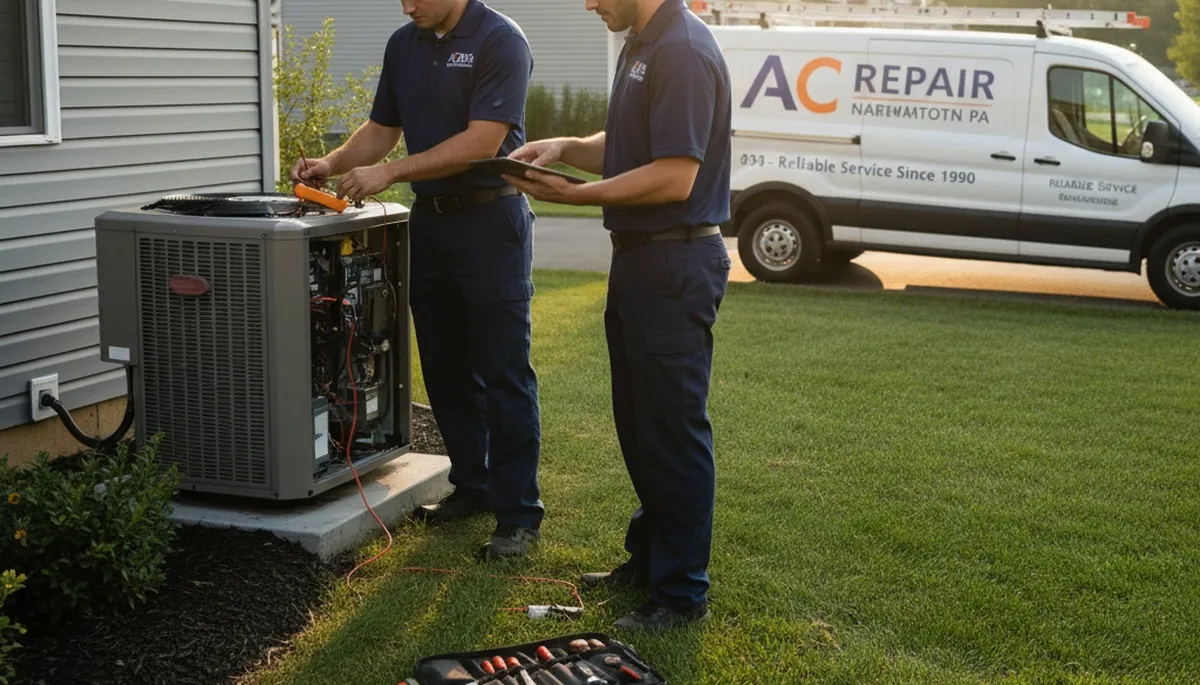 HVAC technician performing AC repair service in Allentown, PA home
