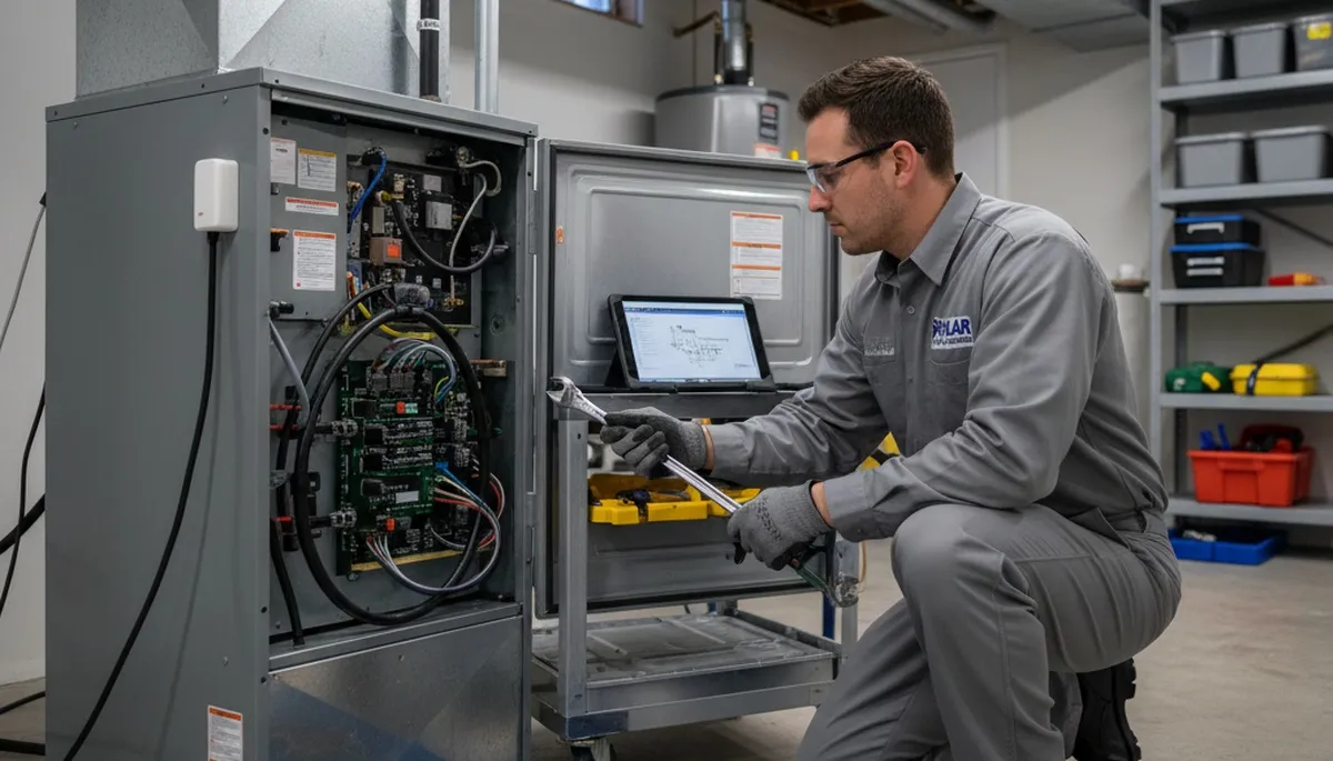 Technician performing furnace repair service in Allentown, PA home by Five Star Cooling