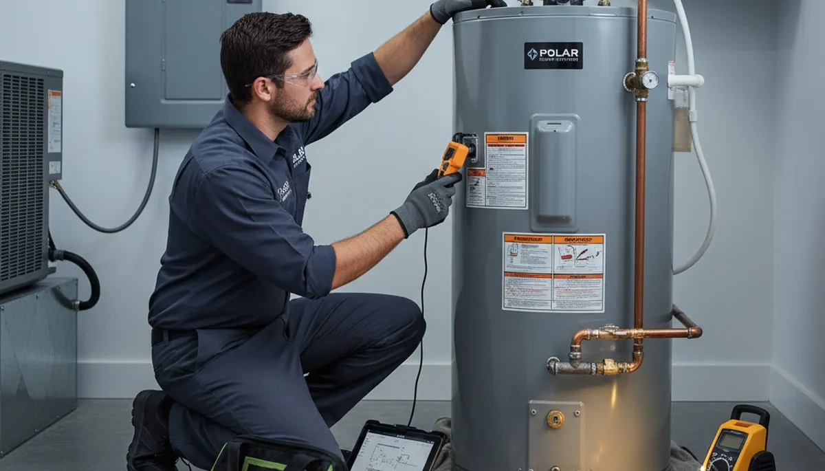 Technician repairing residential water heater in Allentown, PA for Five Star Cooling service page