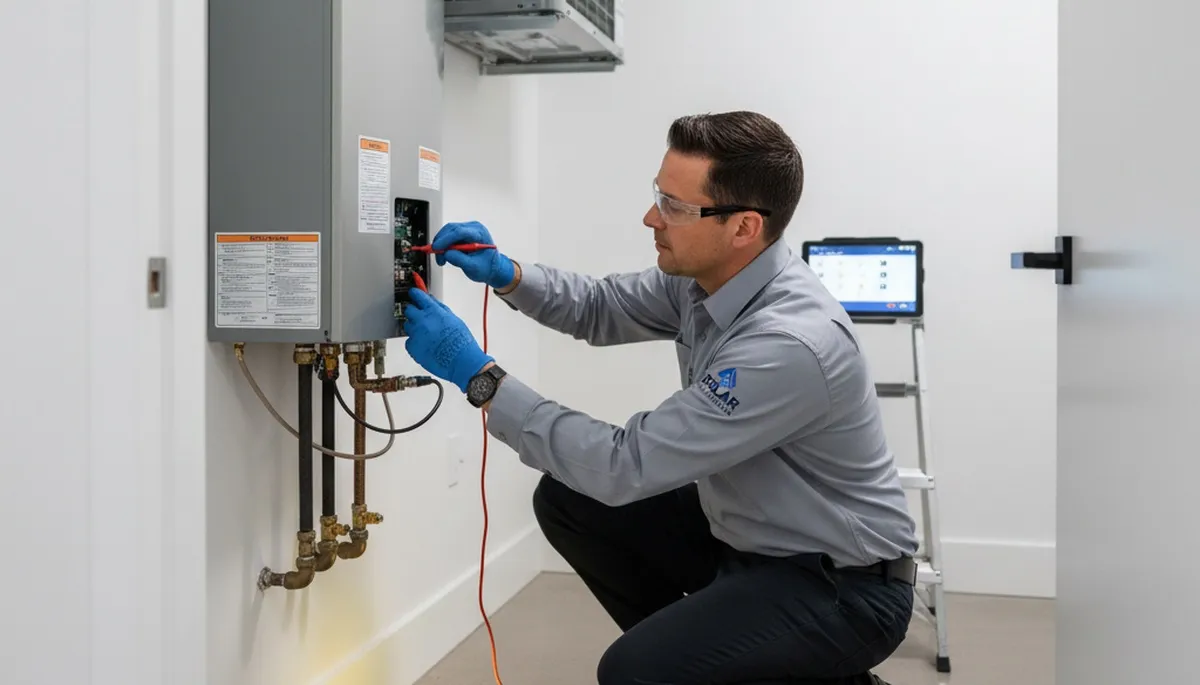 Technician repairing residential water heater in Allentown PA for Five Star Cooling service page